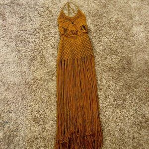 Women’s Fringe Crochet Cover-Up Dress in Mustard